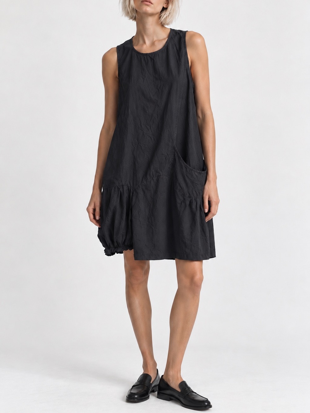 Cut loose black organic cotton sleeveless dress